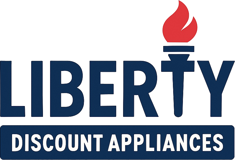 Logo with the word "LIBERTY" and a torch flame in place of the "T," above "DISCOUNT APPLIANCES.