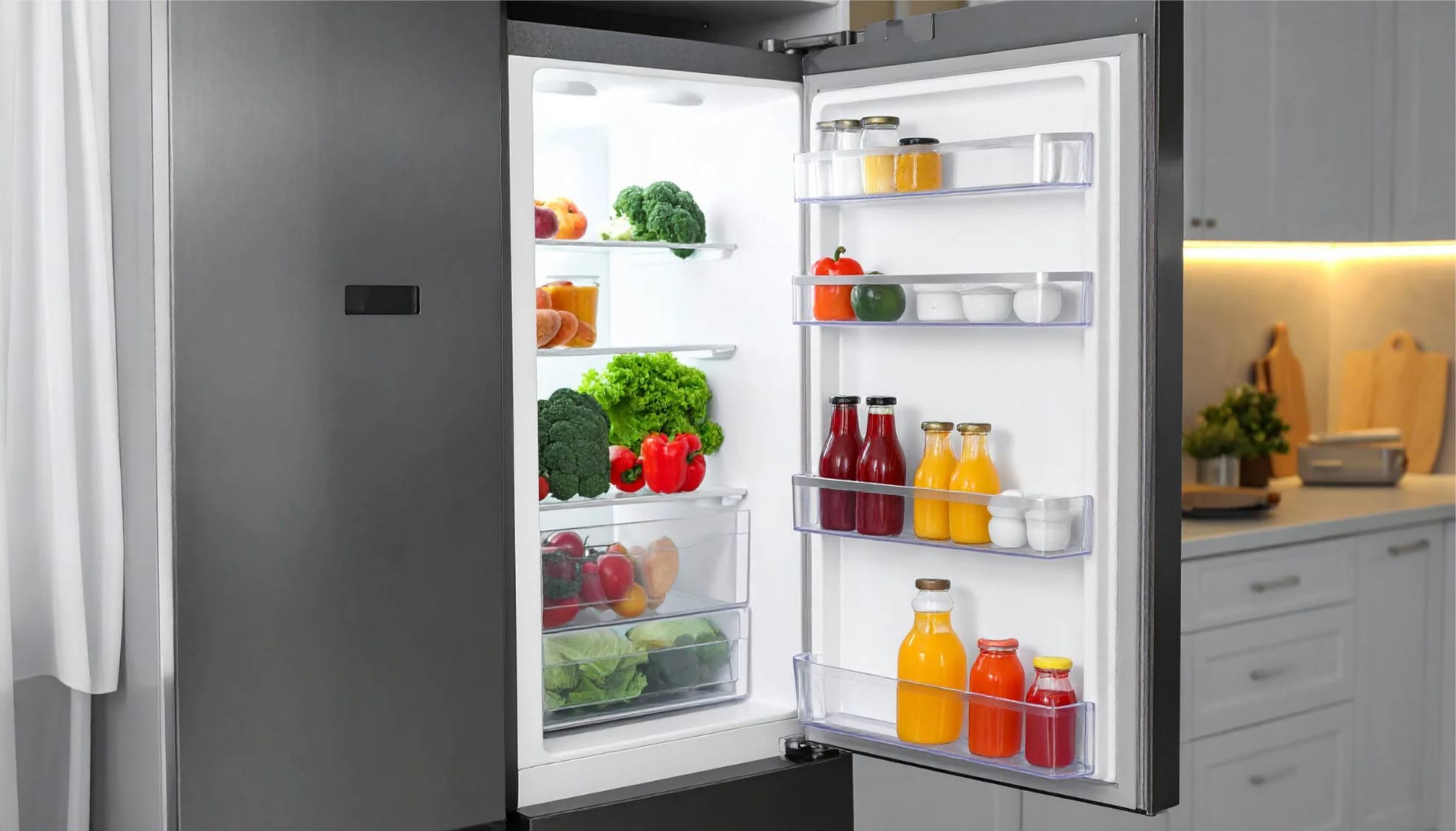 Open refrigerator filled with fresh vegetables and bottles of juice on the shelves in a modern kitchen.