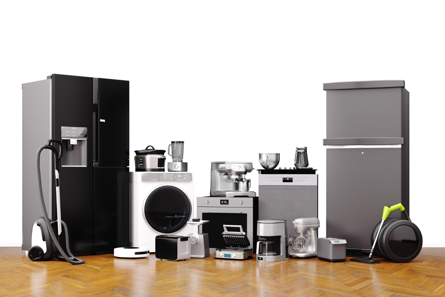 A selection of used appliances, including a fridge, oven, washer, vacuum, and blender, arranged neatly on a wooden floor.