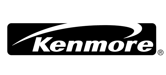 kenmore-img Kenmore logo with white text and swoosh design on a black rectangular background.