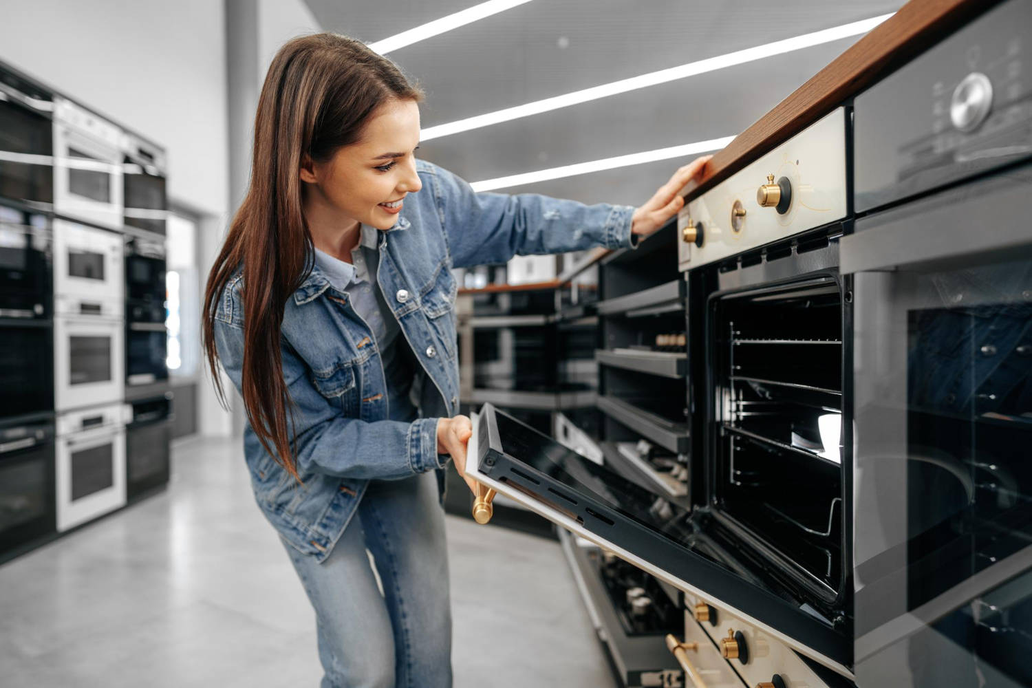 Woman in a denim jacket opens an oven door while shopping in a modern appliance store.