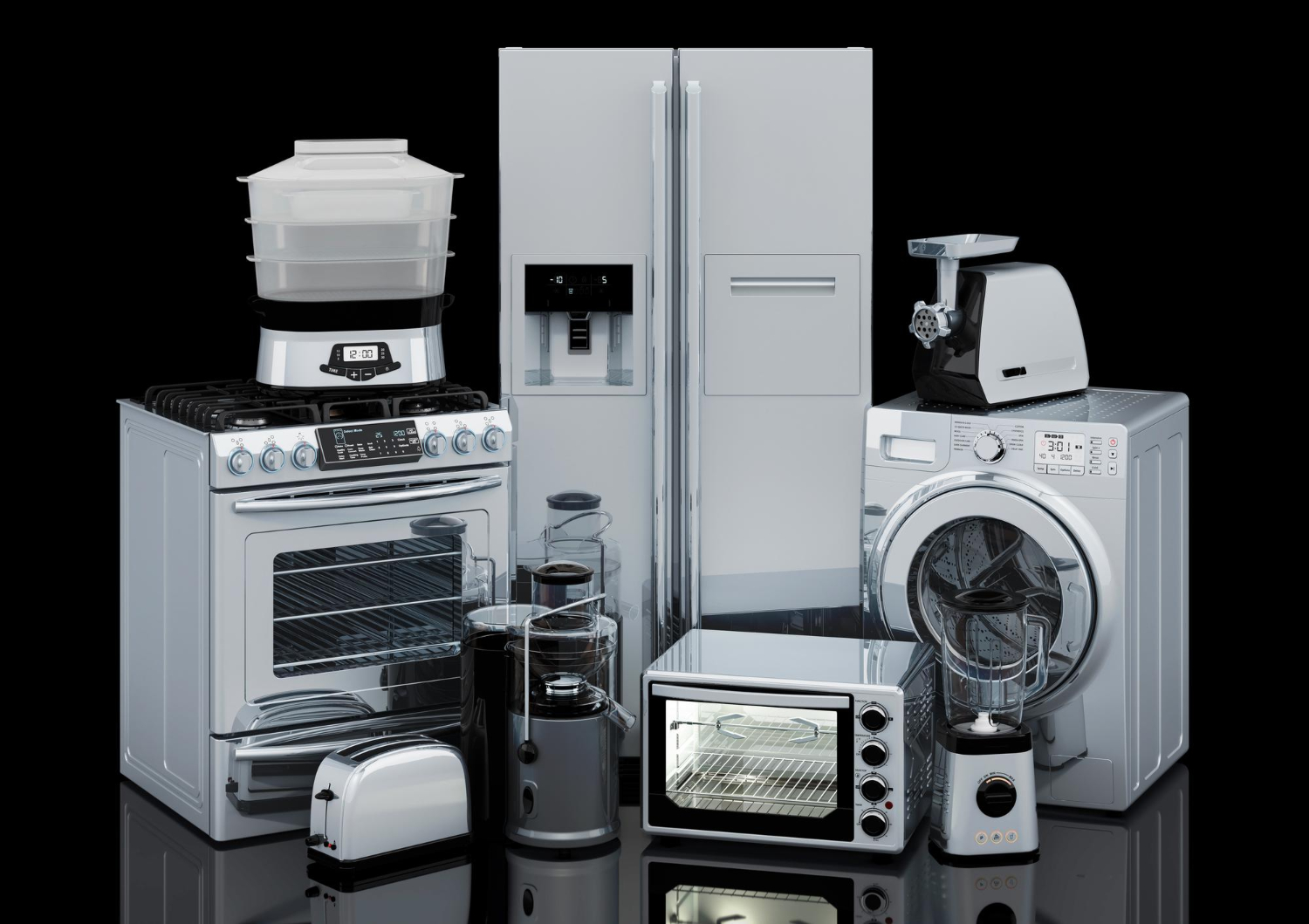 A variety of modern kitchen appliances, including a fridge, oven, toaster, and washing machine, on a black background.