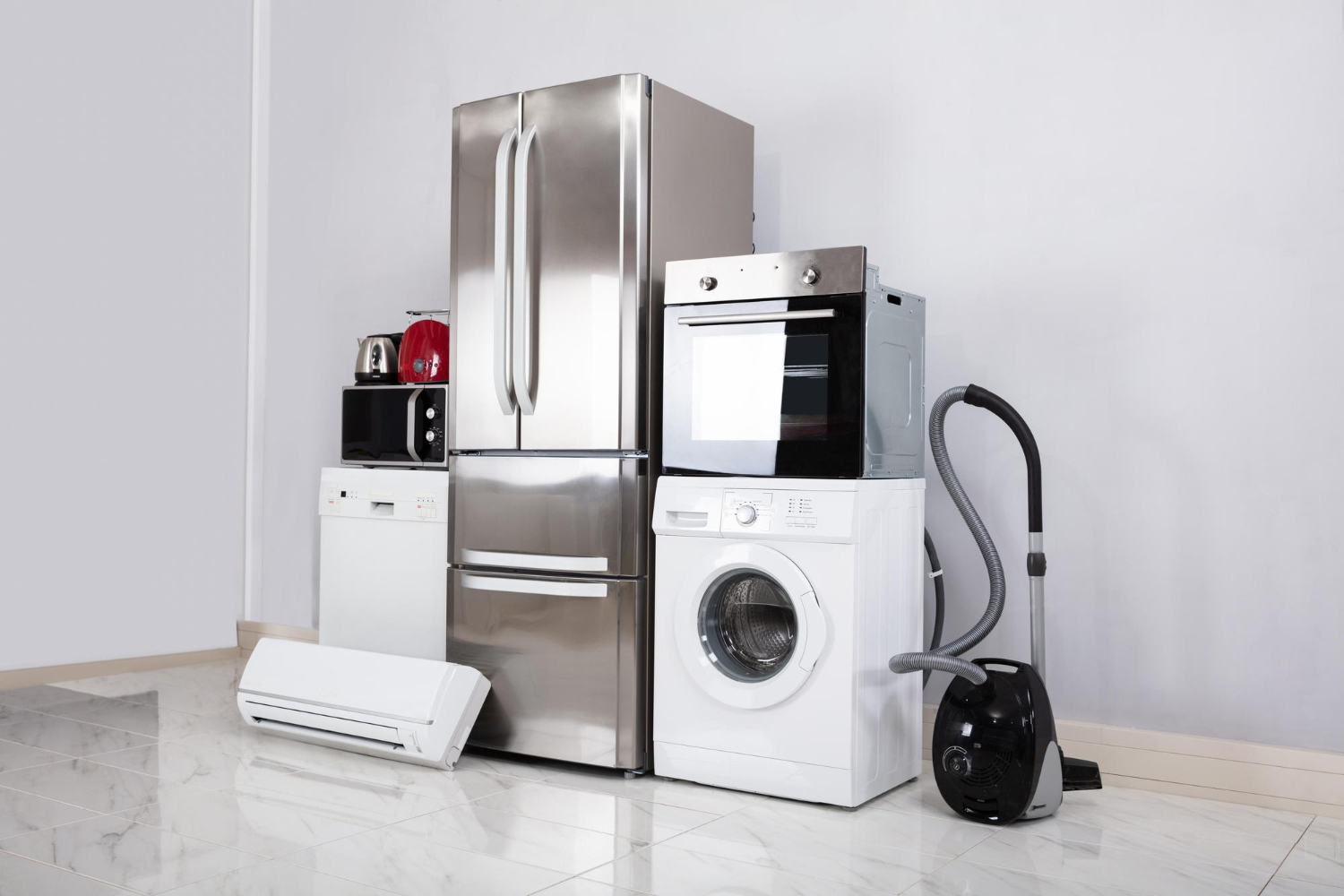 2794 A collection of home appliances including a refrigerator, oven, washing machine, vacuum, and air conditioner.